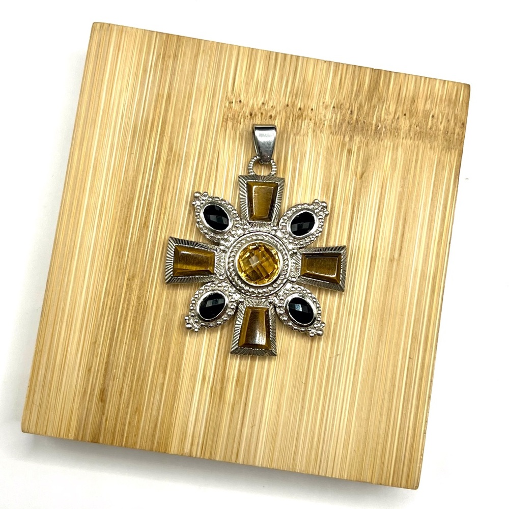 JUDITH RIPKA 925 Sterling Silver Citrine Tiger’s Eye Onyx Maltese Pendant - Picture 13 of 14